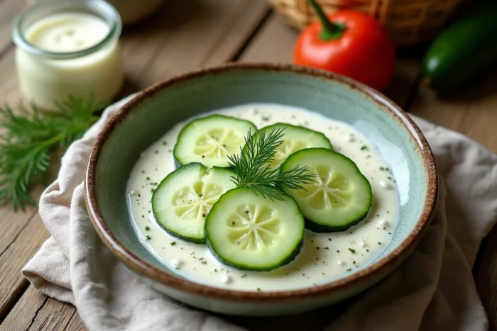 Bol en céramique rustique contenant des tranches de concombre à la crème fraîche et à l'aneth sur une table en bois de cuisine française