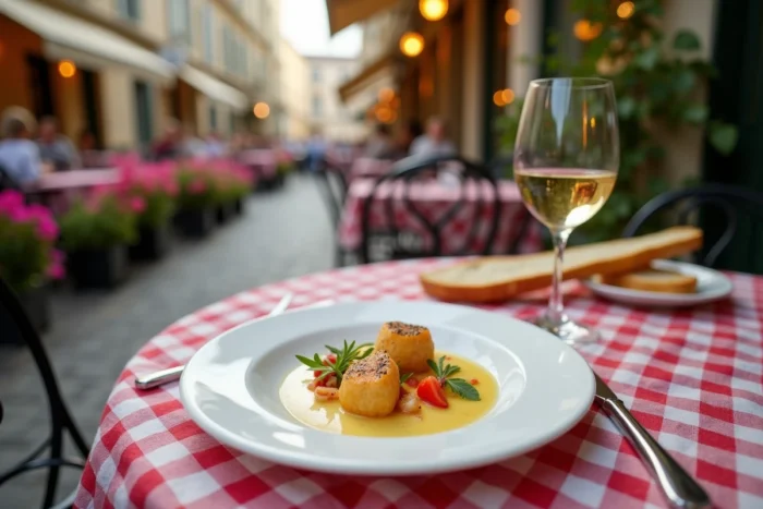 Assiette de concombre à la crème servie en entrée sur une terrasse de bistrot français avec nappe à carreaux et verre de vin blanc