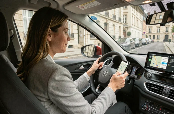 Conductrice consultant une application de navigation GPS pour éviter les bouchons dans les rues de Rennes