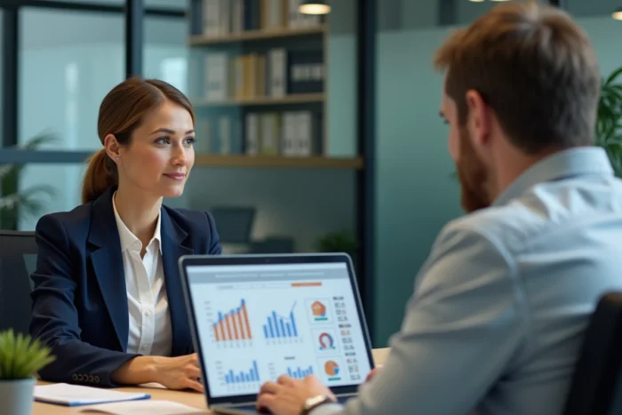 Conseillère bancaire présentant les taux de prêt immobilier Casden à un client dans un bureau professionnel