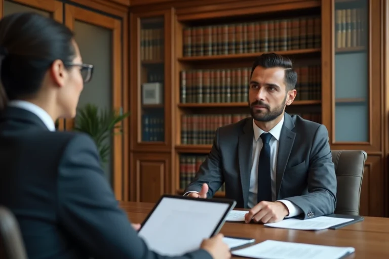 Avocat en droit du travail consultant une cliente dans un bureau juridique professionnel avec des documents légaux sur le bureau