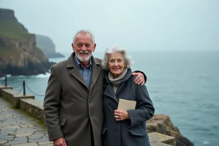 Couple âgé tenant une note d'amour sur un sentier côtier avec vue sur la mer