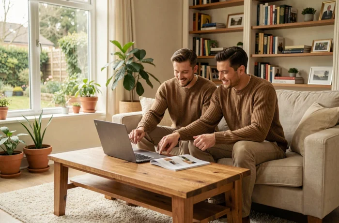 Couple consultant un catalogue et un ordinateur portable pour choisir l'équipement idéal de leur maison
