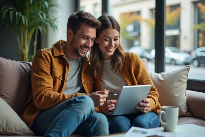 Couple consultant les sections du site Concept Voyages sur une tablette dans un salon moderne