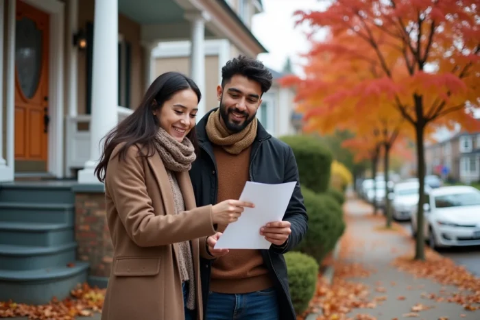 Couple étranger visitant une maison à vendre au Canada en automne avec feuilles d'érable colorées en arrière-plan