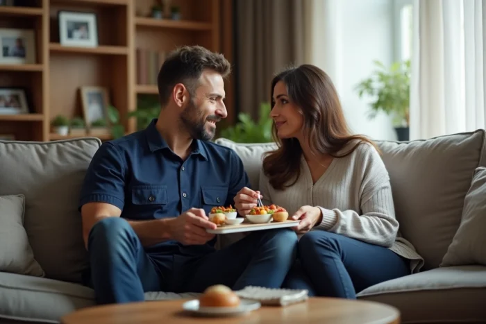 Un couple en horaires alternés partage un repas rapide ensemble entre deux shifts, moment de complicité familiale au quotidien