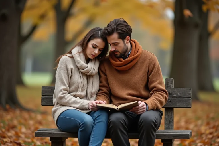 Couple lisant une lettre d'amour manuscrite assis sur un banc dans un parc en automne