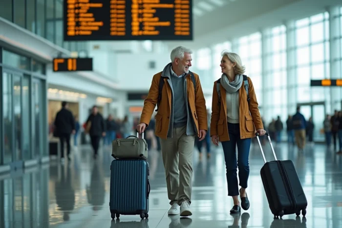 Couple de seniors traversant un terminal d'aéroport international avec leurs valises, voyages après 60 ans en couple