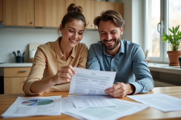 Couple examinant une simulation de prêt immobilier Casden sur des documents papier dans une cuisine moderne