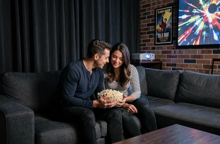 Couple partageant du popcorn devant un écran de home cinéma pendant une soirée séries à domicile