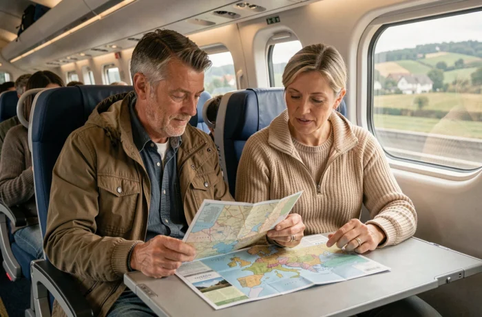 Couple de voyageurs étudiant une carte de l'Europe dans le compartiment d'un train Eurostar