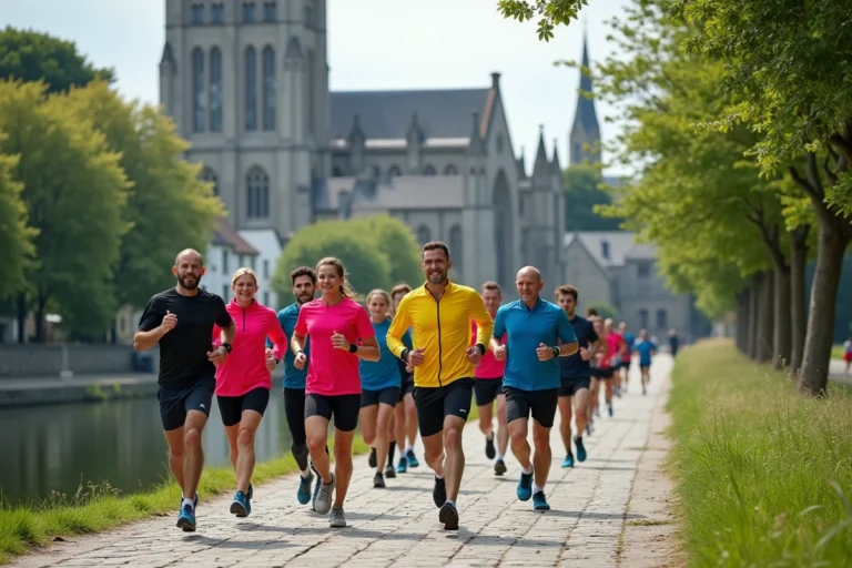 Groupe de coureurs amateurs longeant les bords de l'Odet à Quimper avec la cathédrale Saint-Corentin en arrière-plan