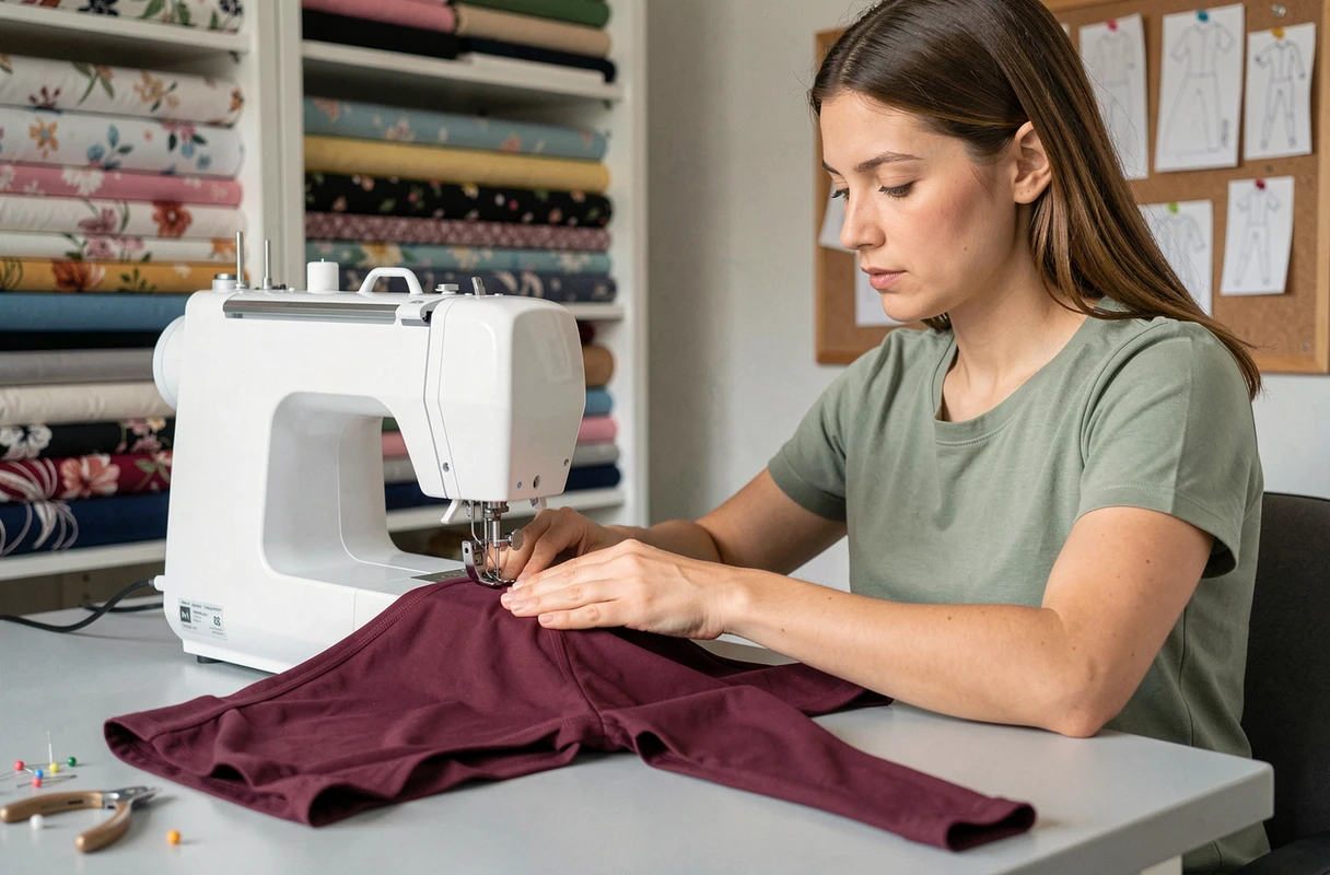 Femme cousant un maillot de bain menstruel sur une machine à coudre moderne dans un atelier de couture