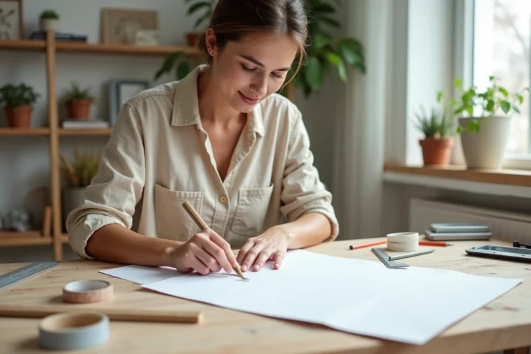 Femme créant une affiche vide maison en carton épais sur une table en bois avec des fournitures artistiques