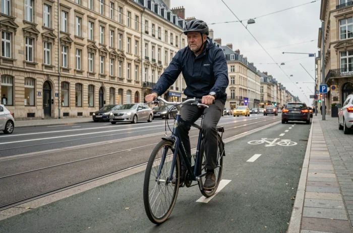Cycliste utilisant une piste cyclable dédiée pour éviter les embouteillages dans le centre-ville de Rennes