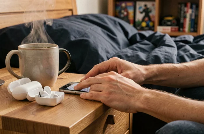 Mains posant un smartphone sur une table de nuit avec une tisane, rituel de déconnexion numérique avant de dormir pour les gamers