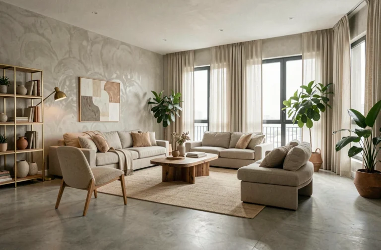 Intérieur de maison décoré avec style alliant mur texturé, mobilier organique, laiton et bois naturel dans un salon moderne