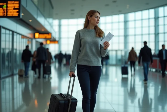 Femme marchant avec confiance dans un terminal d'aéroport international, prête à s'envoler pour travailler à l'étranger