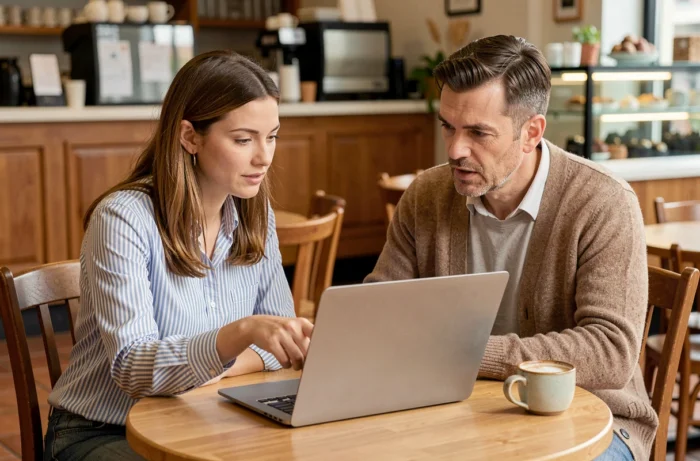 Deux personnes consultant ensemble un site web pour contacter une équipe en ligne dans un café