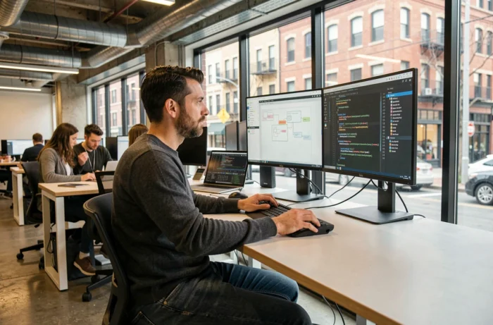 Développeur web travaillant sur une solution numérique sur-mesure pour une PME dans un espace de coworking moderne