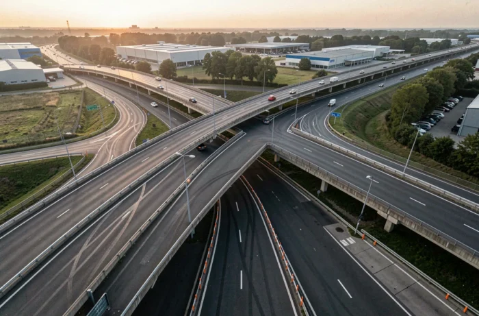 Vue aérienne d'un échangeur autoroutier français complexe illustrant les zones à risque et la configuration dangereuse de certains nœuds routiers