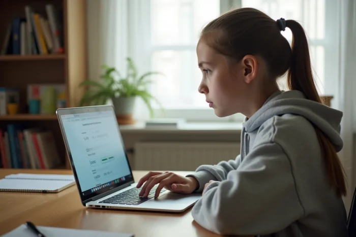 Adolescente concentrée utilisant une plateforme de soutien scolaire numérique sur son ordinateur portable dans sa chambre