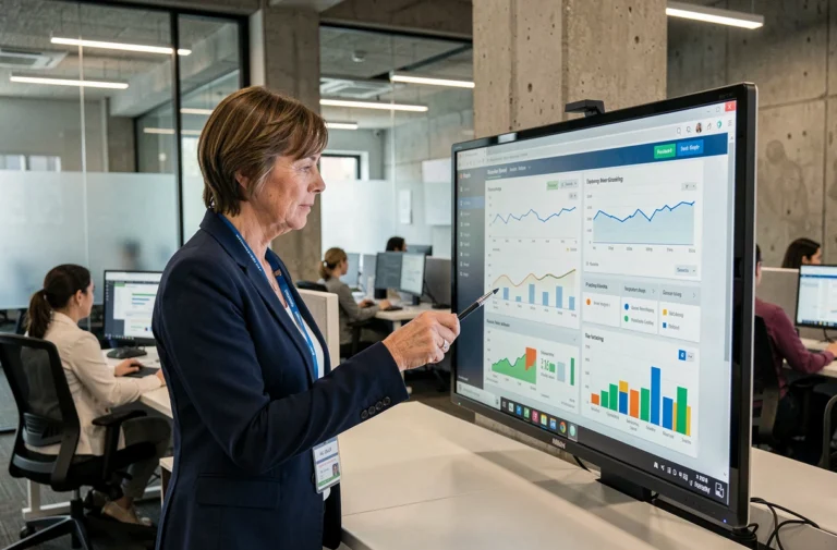 Employée municipale consultant des tableaux de bord numériques dans un hôtel de ville moderne