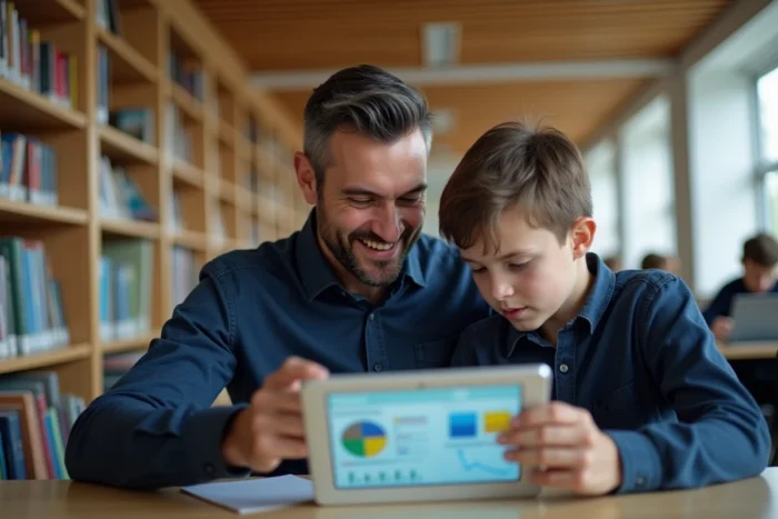 Enseignant accompagnant un élève dans l'utilisation d'un outil numérique éducatif en bibliothèque scolaire