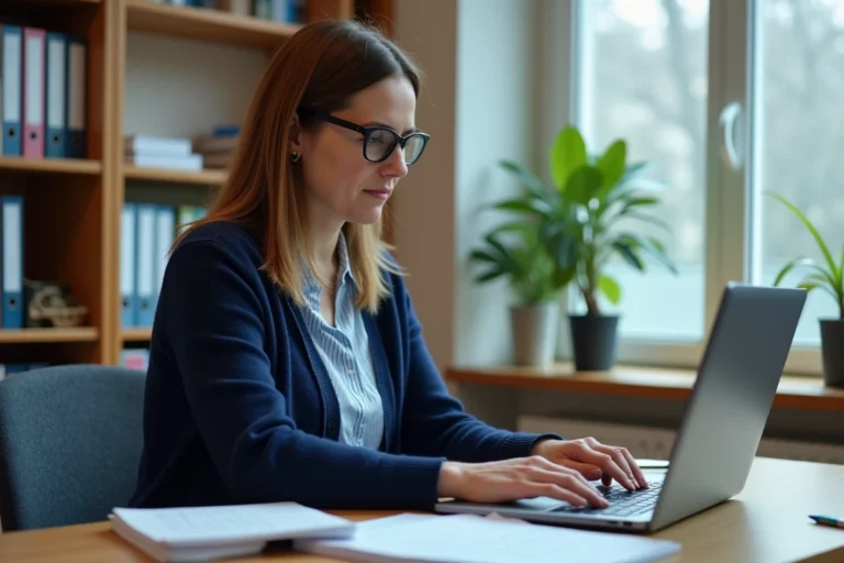 Enseignante saisissant des appréciations élèves sur le logiciel LSU Arena AC Versailles avant les bulletins scolaires