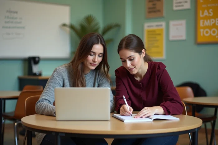 Deux enseignantes collaborant sur la saisie des compétences LSU dans la salle des professeurs avant l'édition des bulletins