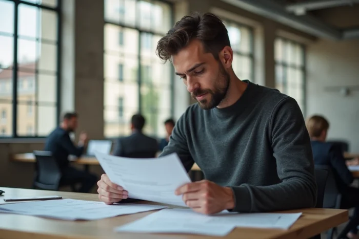 Entrepreneur français concentré dans un espace de coworking parisien, symbolisant le dynamisme et les défis du monde des affaires moderne