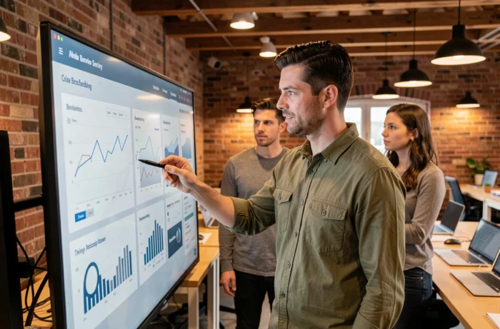 Un entrepreneur présentant des services d'accompagnement aux entreprises sur un écran interactif dans un espace de coworking