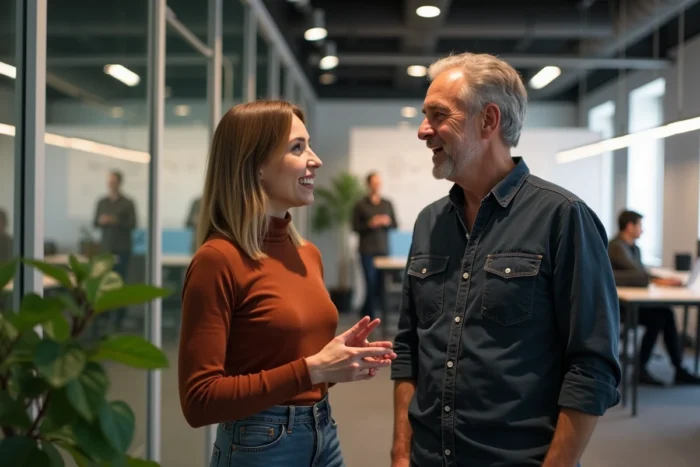 Deux entrepreneurs français en discussion dans un bureau de startup, représentant la collaboration et l'esprit d'innovation de la nouvelle génération d'entrepreneurs