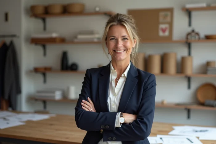 Portrait d'une entrepreneuse française dans son atelier de création, illustrant le parcours et la réussite d'une cheffe d'entreprise passionnée