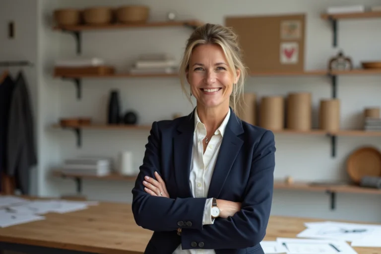 Portrait d'une entrepreneuse française dans son atelier de création, illustrant le parcours et la réussite d'une cheffe d'entreprise passionnée