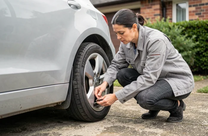 Femme inspectant les pneus de sa voiture dans une allée résidentielle pour l'entretien automobile