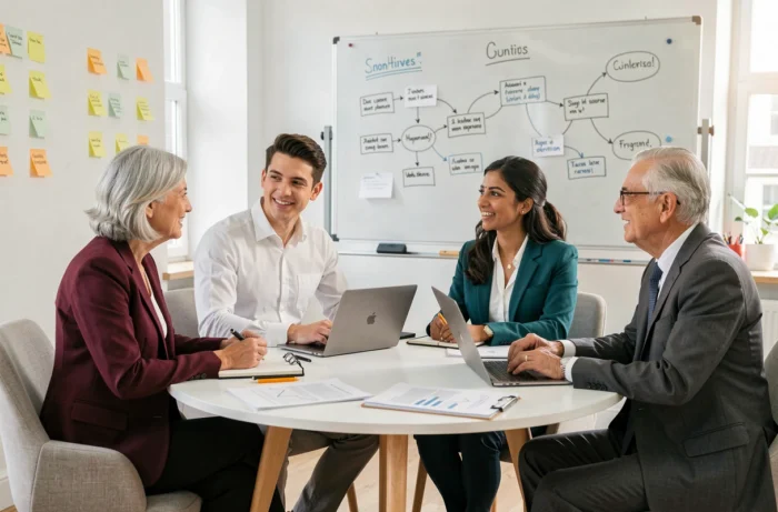 Équipe multiculturelle de professionnels collaborant autour d'une table pour développer des services d'accompagnement à la croissance
