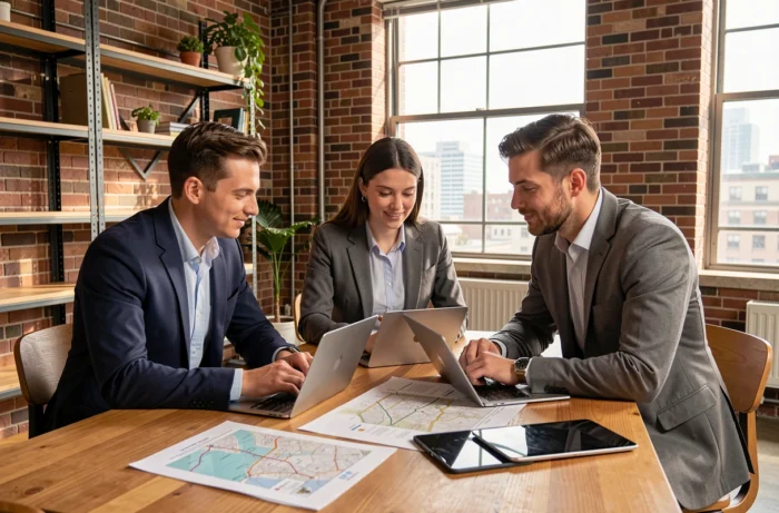 Équipe de professionnels collaborant sur une stratégie de transformation digitale en espace de coworking