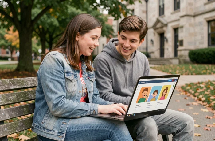 Deux étudiants collaborant sur une plateforme d'apprentissage en ligne sur un campus universitaire en automne