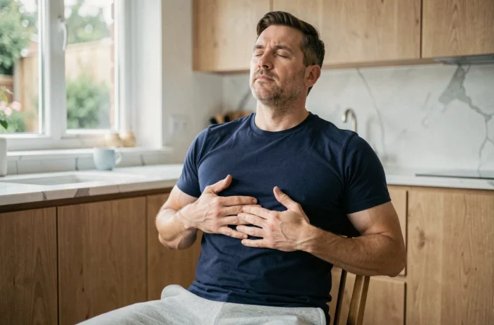 Homme adulte réalisant un exercice de renforcement du diaphragme assis sur une chaise dans une cuisine moderne