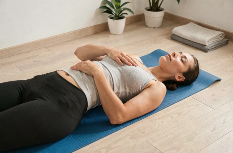 Femme pratiquant la respiration diaphragmatique allongée sur un tapis de yoga dans un studio minimaliste à domicile