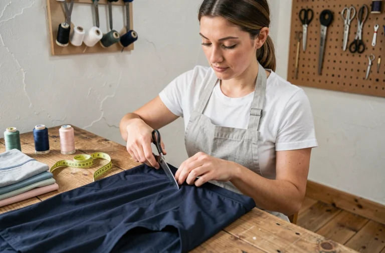 Femme coupant du tissu maillot de bain menstruel sur une table de couture en bois dans un atelier artisanal