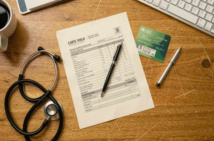 Bureau médical avec une facture d'IRM pelvienne, une carte Vitale et un stéthoscope pour illustrer les remboursements en France