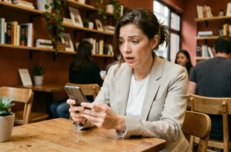 Femme découvrant les dernières actualités sur son smartphone dans un café chaleureux