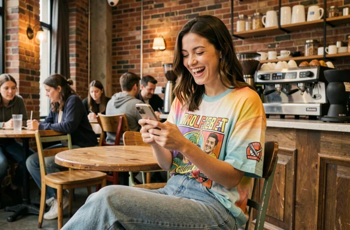 Jeune femme souriante découvrant des actualités insolites sur son smartphone dans un café urbain branché