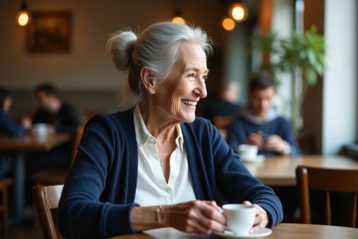 Femme âgée de 75 ans souriante dans un café français, illustrant la question de l'appellation des personnes de plus de 70 ans