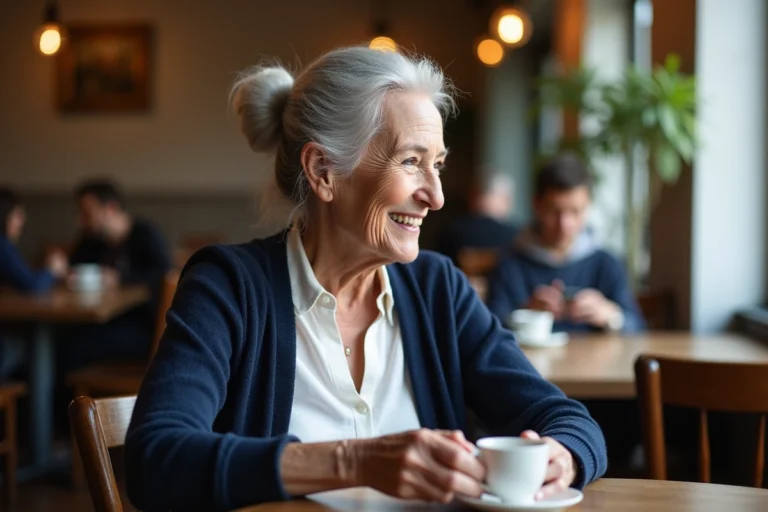 Femme âgée de 75 ans souriante dans un café français, illustrant la question de l'appellation des personnes de plus de 70 ans