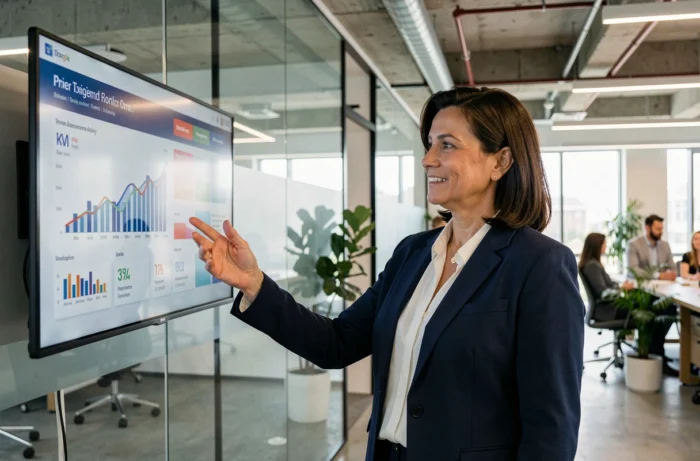 Femme cadre en entreprise présentant un tableau de bord numérique pour la transformation digitale