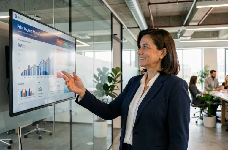 Femme cadre en entreprise présentant un tableau de bord numérique pour la transformation digitale