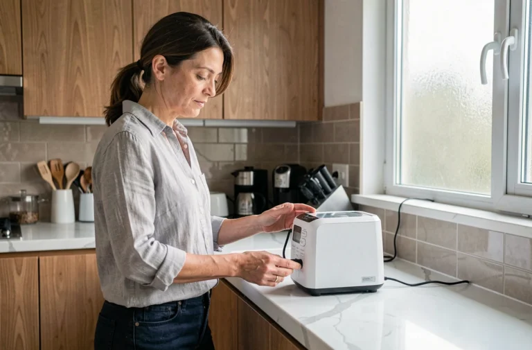 Femme comparant des appareils électroménagers dans une cuisine moderne avec des comptoirs en marbre blanc